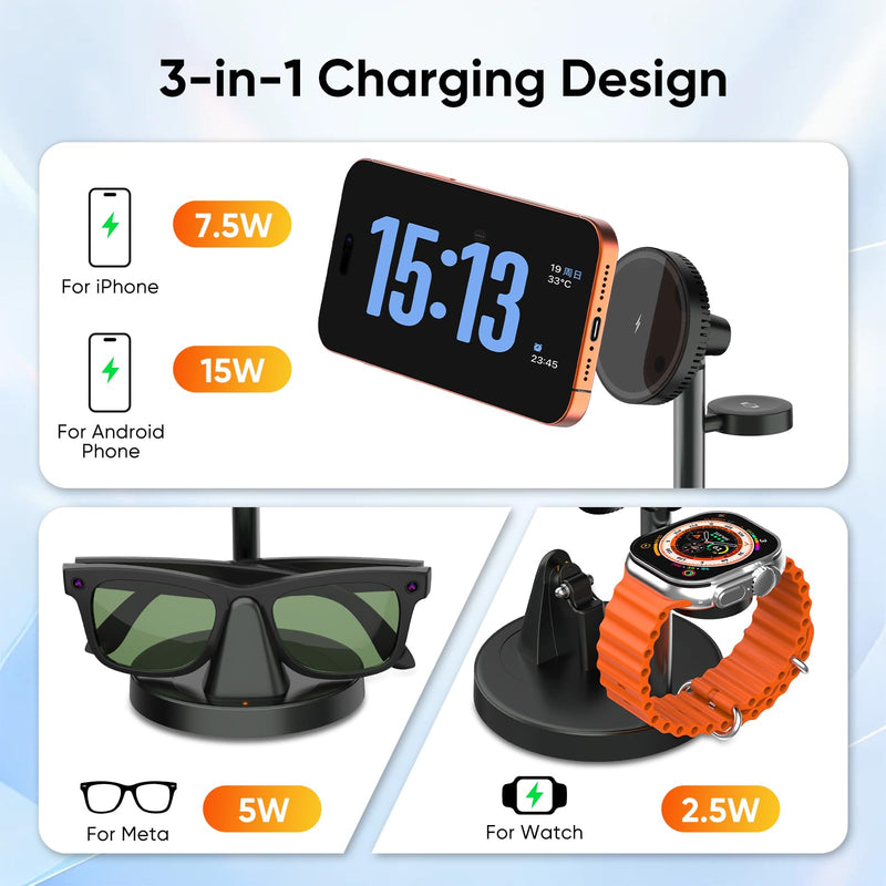3 in 1 Fast Charging Station for RayBan Meta Gen1/2, Oakley Meta HSTN, Charger for iPhone17/16/15/14/13/12, for Apple Watch Ultra/Ultra 2/ Ultra 3/SE/S1 to S11