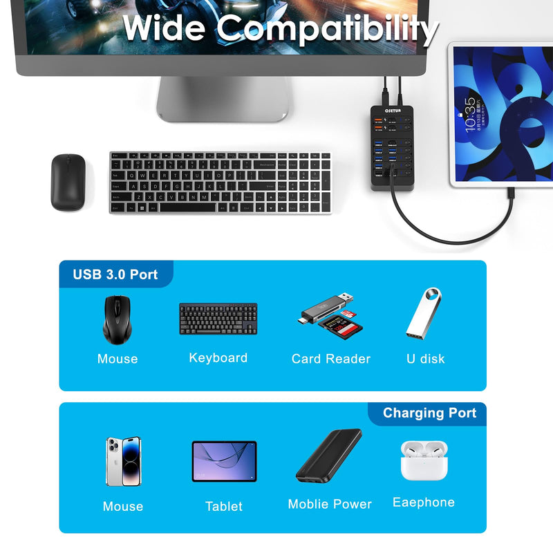 14-in-1 Powered USB Hub, USB Data Hub w LED Individual On/Off Switches for MacBook/PC/Steam Deck & External HDDs, 6 USB 3.0,3 USB 2.0,2 USB-A/C Charging,1 USB-C 3.0,1x PD 60W,1x Type-B for HDD Dock