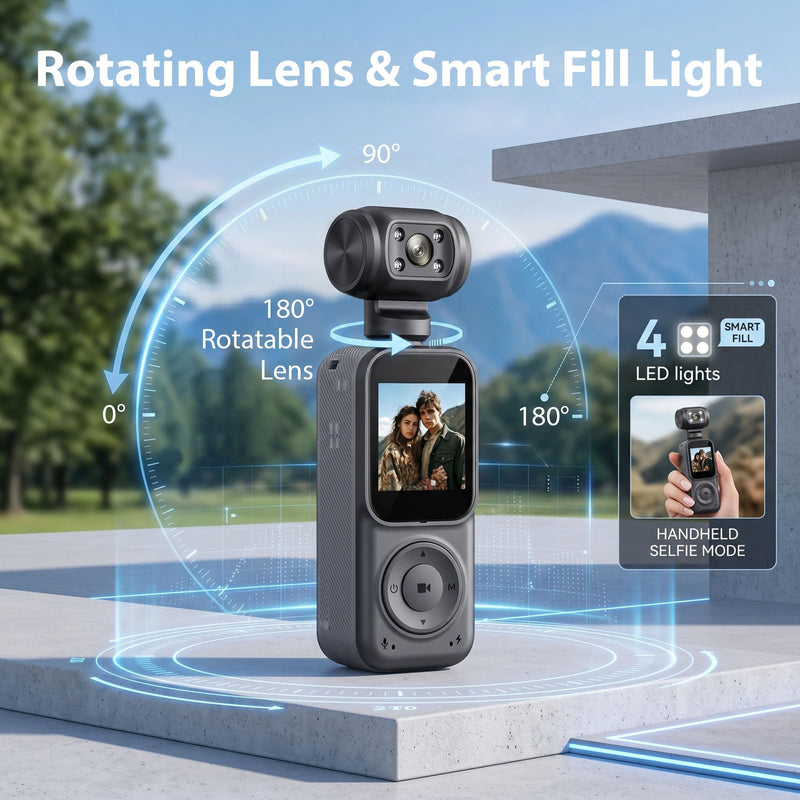 2K Handheld Vlogging Camera, Portable Pocket POV Camcorder Body Cam | 2k HD Recording, 180° Rotatable Lens, Eis Stabilization, Wifi Connection, Four Fill Light, 8 Hour Battery Life for Vlogging