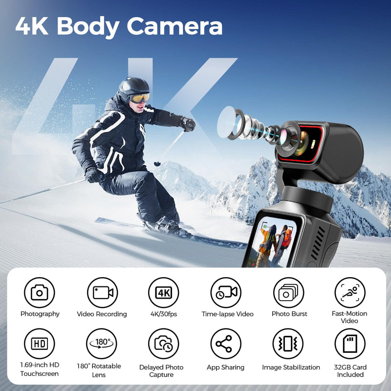 4K Vlogging Camera WiFi, 6-Axis Stabilization Handheld POV Camera with 32GB | Pocket Camera with 180° Rotating Lens, Touchscreen, Personal Body Camera for Travel, Vlog, Selfies, Sports & Daily