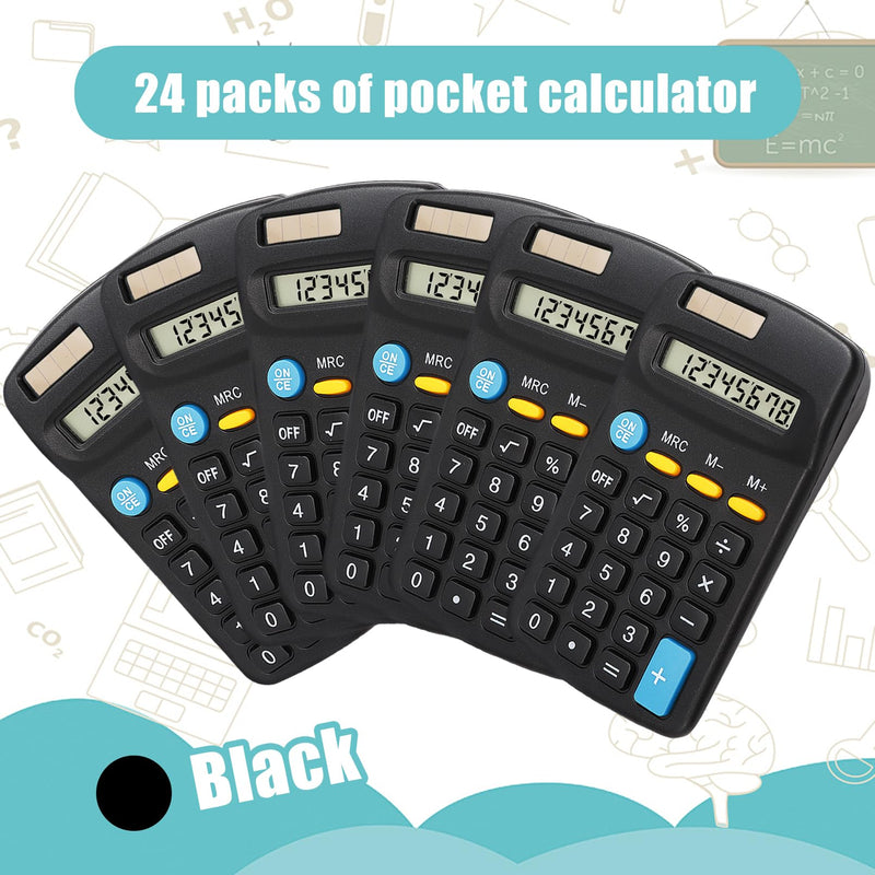 24 Pieces Pocket Size Mini Calculators,Pocket Calculator,Solar Battery Dual Power Desktop Calculators,8 Digit Display Basic Calculator for Students Kids Home Office(Black) Black-24Pcs