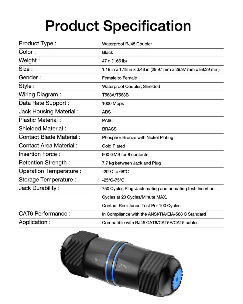 VCELINK Waterproof RJ45 Coupler IP68 Short Profile, Cat6/Cat5E/Cat5 Waterproof Ethernet Connector Shielded, Outdoor Network LAN Cable Extender PoE, 3.23in (Blue-6 Pack) 6