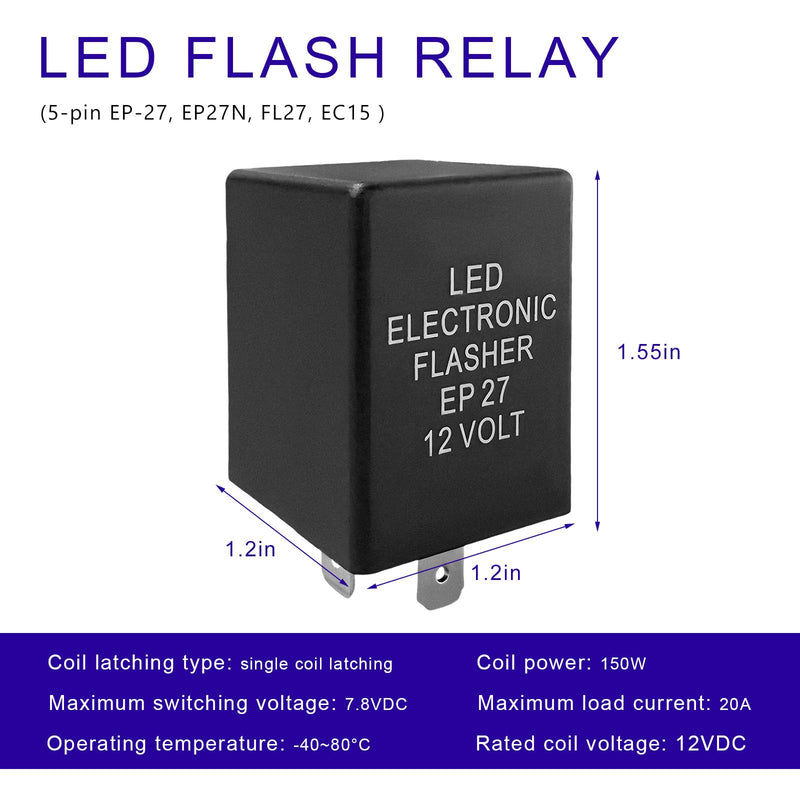 EP27 FL27 LED Electronic Flasher Relay, 5-Pin Car Flasher Relay Fix Turn Signal Bulbs Hyper Flash Issue, 12V Electronic Hazard Warn Relays for Ranger F150 F250 F350 Explorer 1 PCS