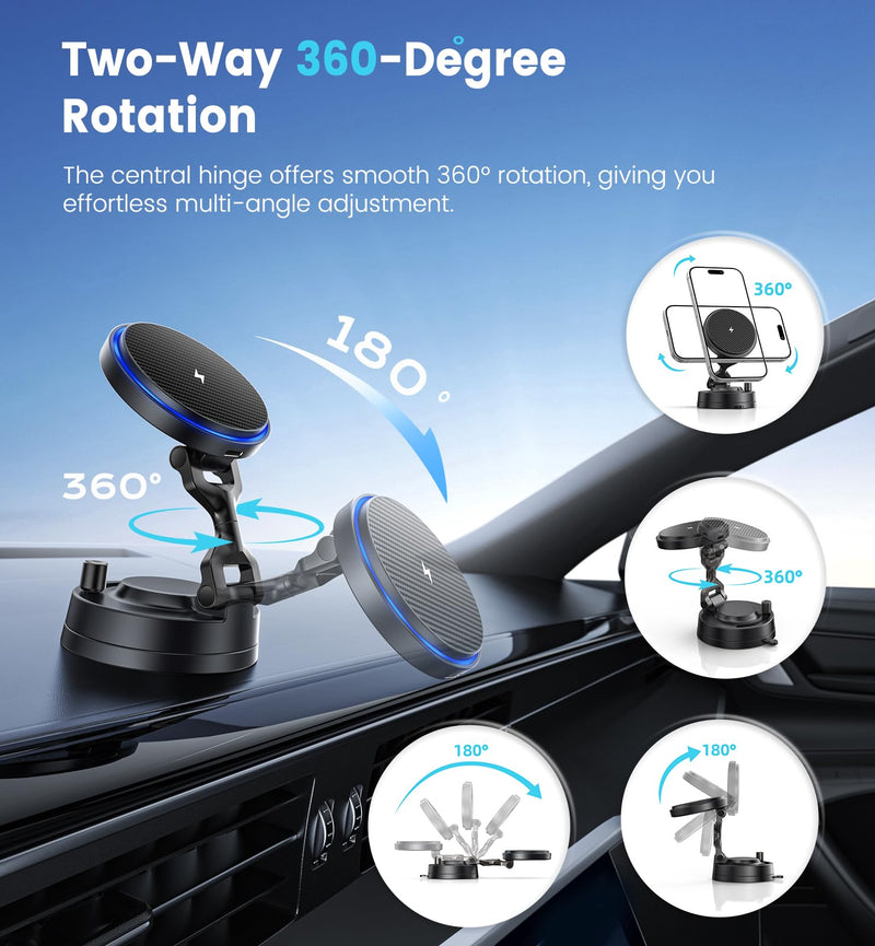 OANDYS 15W MagSafe Car Mount Charger for iPhone 12-17 Pro/Max/Plus/Air | 3200gf Magnetic Wireless Charger, 82LBS Suction Cup Dashboard Phone Holder, 360° Rotatable Magnetic Stand
