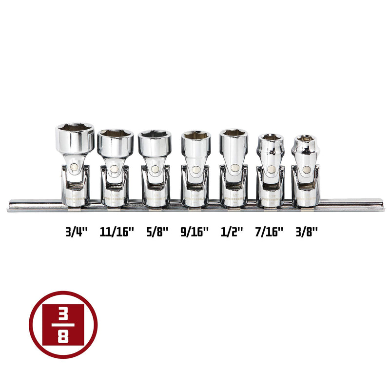 Powerbuilt Universal Joint Socket Set, SAE 7 Piece 3/8-Inch Drive, 6 Point, 360 Degree Rotation 40 Degree Working Angle, Storage Rail - 642163