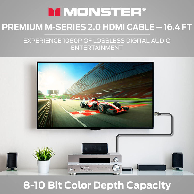 Monster M-Series Certified Premium HDMI Cable 2.0, High-Speed 22.5 Gbps, 4K UHD 60Hz, Triple-Layer Shielding, Duraflex Jacket, HDMI Cable for TV, Monitor, Gaming, PC, 16.4 ft
