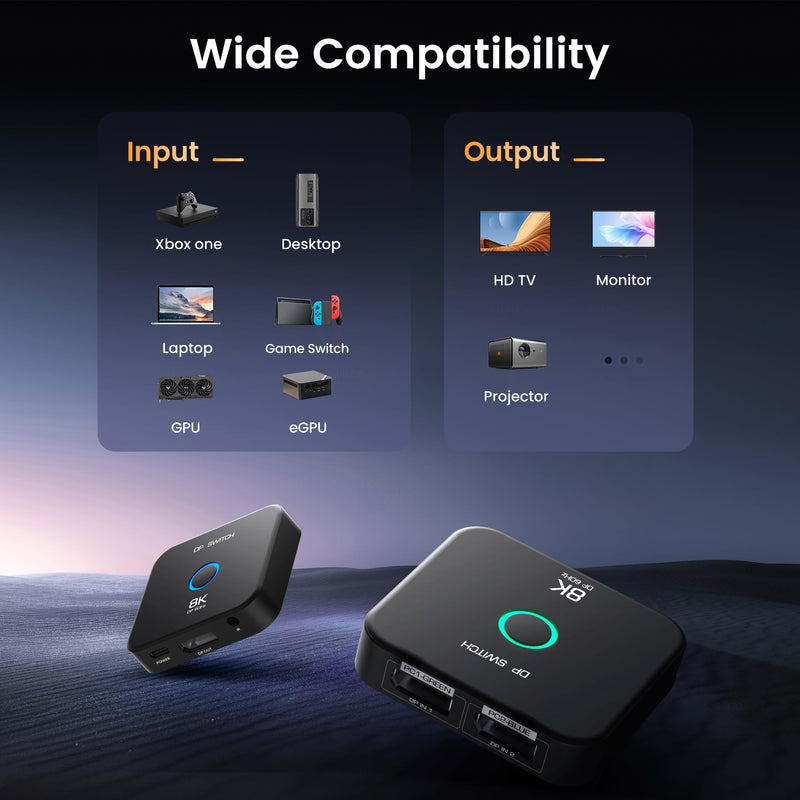8K Display Port Switcher 2 in 1 Out, NEWCARE DisplayPort Splitter with Remote, DisplayPort Switch Supports 8K@60Hz 4K@120Hz DP 1.4, Display Port Switch Compatible with PC Laptop Monitor TV 8K@60Hz 2x1
