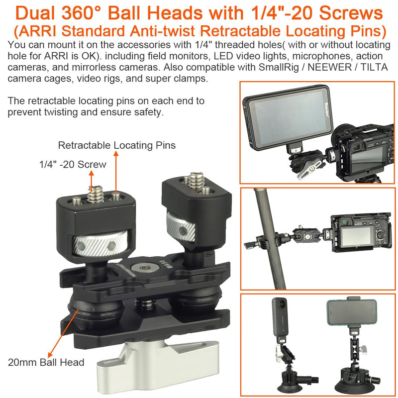 Articulating Magic Arm with 1/4"-20 Screws (with Retractable Locating Pins for ARRI), Flexible Articulating Arm Camera Field Monitor Mount with Dual Ball Heads for Camera Cage