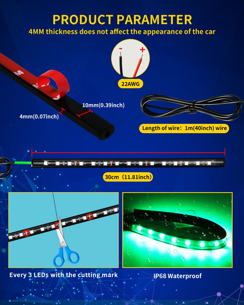 Green Led Strip Lights,DUOFU365 Marine Boat Led Navigation Lights 30CM 15 SMD IP67 Waterproof Auto Interior Lights for Home Decoration Car Motorcycles Boat Golf Cart Truck with 3M Tape(6PCS) Green