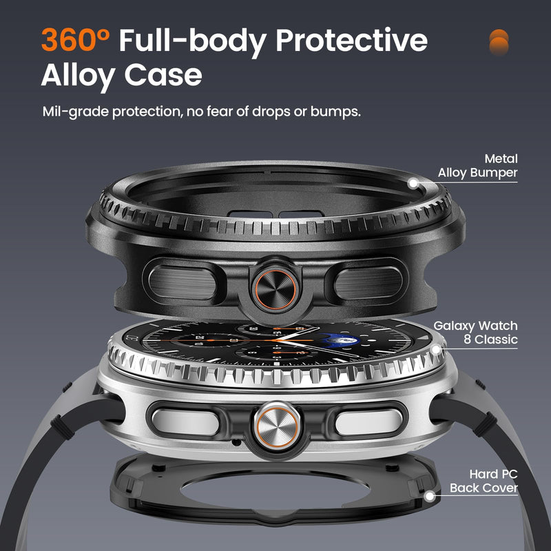 LETOID Metal Case for Samsung Galaxy Watch 8 Classic Screen Protector 46mm | 3-in-1 Full Protective Accessories, Stainless Steel Bumper Face, Hard PC Back Cover and 9H Tempered Glass Film Black Galaxy Watch 8 Classic - 46mm