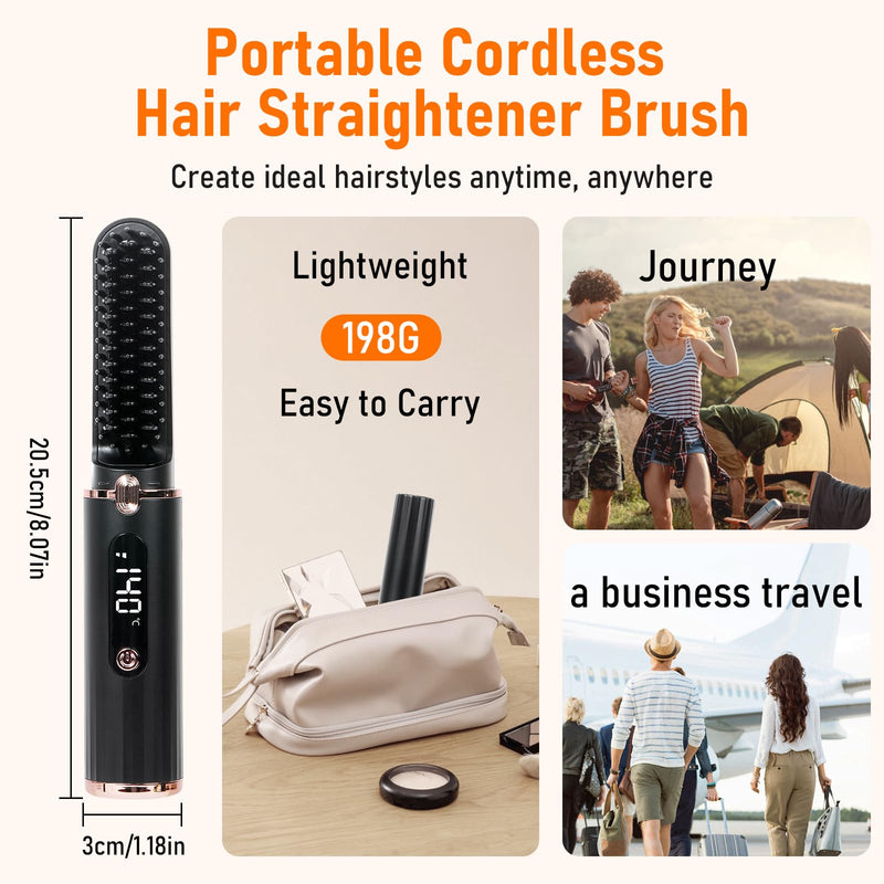 Cordless Hair Straightener Brush, Portable Hot Comb Hair Straightener Negative Ion Hair Straighteners Comb for Women 4 Temperature Beard Straightener Brush USB Rechargeable Anti-Scald Auto-Off（Black）