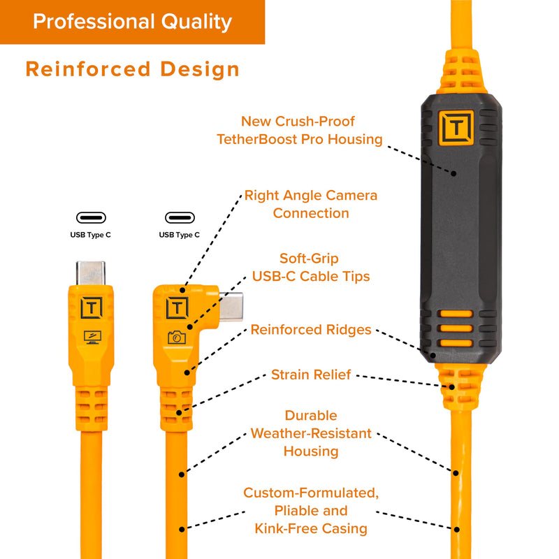TetherPro Optima 10Gbps Gen 2 USB-C, 15' (4.6m), Straight to Right, High-Visibility Orange 15' (4.6m)