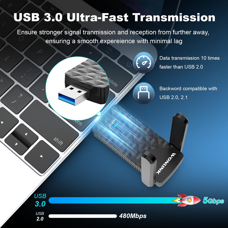 AX1800 USB WiFi 6 Adapter NA1602,Dual Band WiFi Adapter for Desktop pc with 2 Antennas, WPA3，MU-MIMO，2.4GHz/5GHz USB 3.0 WiFi Dongle Compatible with Windows 10/11 Black