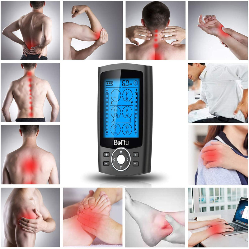 Belifu Dual Channel TENS EMS Unit 24 Modes Muscle Stimulator for Pain Relief Therapy, Electronic Pulse Massager Muscle Massager with 10 Pads, Dust-Proof Drawstring Storage Bag, Fastening Cable Ties Black