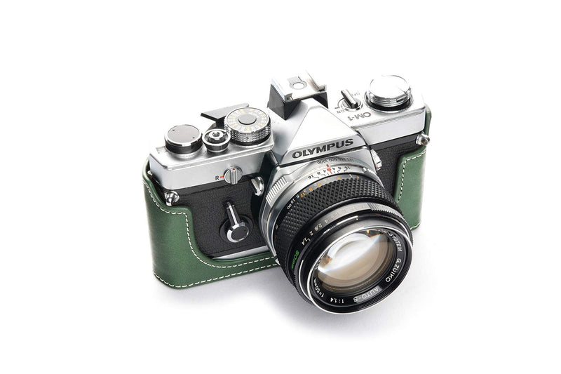 OM-4 Case, BolinUS Handmade Genuine Real Leather Half Camera Case Bag Cover for Olympus OM-1 /1N OM-2/2N OM-3/3Ti OM-4/4Ti (No Handle) Camera with Hand Strap (Green) Green