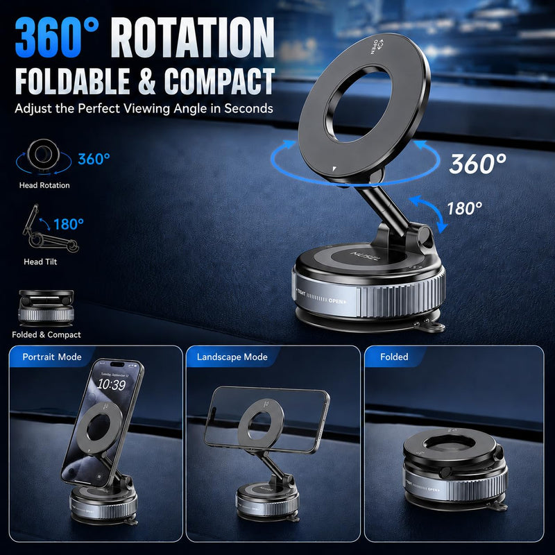 MUSEL Magnetic Car Phone Holder for MagSafe, Vacuum Mount for iPhone 17-12 | 88 lb suction hold, 2600 gf magnetic force, 22 N55 magnets, 360 degree rotation, bottom plate and ring included, dash mount