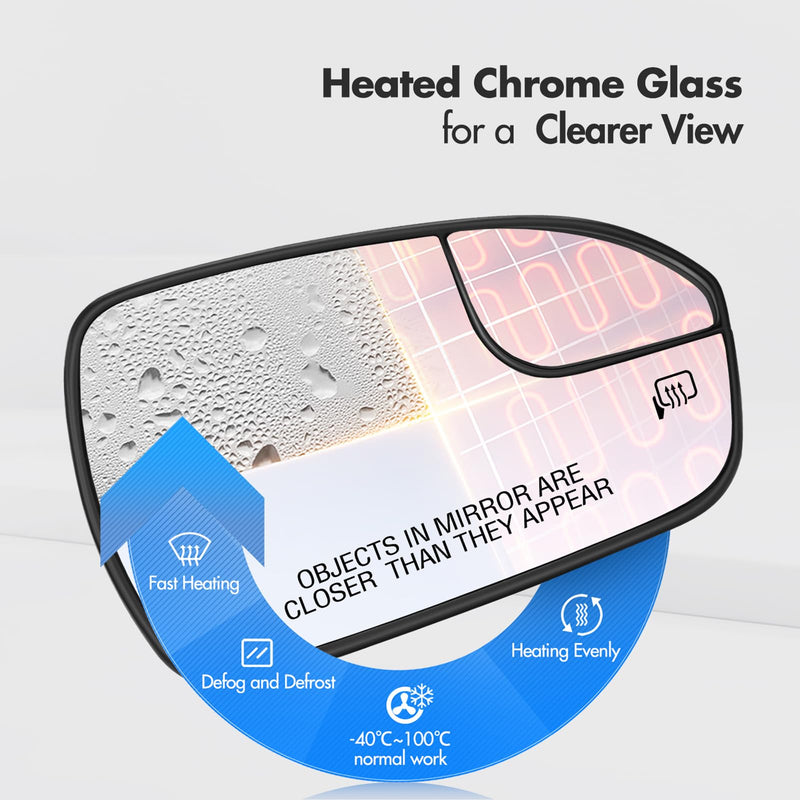 Passenger Side Mirror Replacement for Ford Fusion 2013 2014 2015 2016 2017 2018 2019 2020, Right Side Exterior Mirror Glass, Heated, Chrome Convex Mirror with Backing Plate DS7Z17K707B Passenger Side(RH)