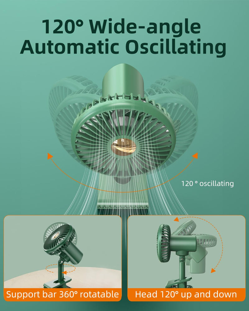 Usb Car Fan Oscillating Rechargeable Fan with Colorful Light Battery Powered, 360° Rotatable Portable Clip Fans That Blow Cold Air, Small Cooler Mini Fan Silent, for Vehicle Van Truck Suv Rv Green