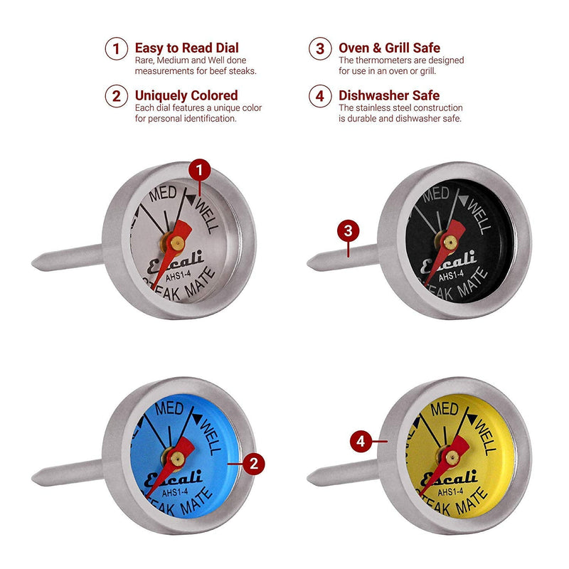 Escali AHS1-4 Easy Read Mini Steak Thermometer Set, Dial Reads Rare, Medium & Well, Dishwasher Safe, Silver Mini (4 Pack)