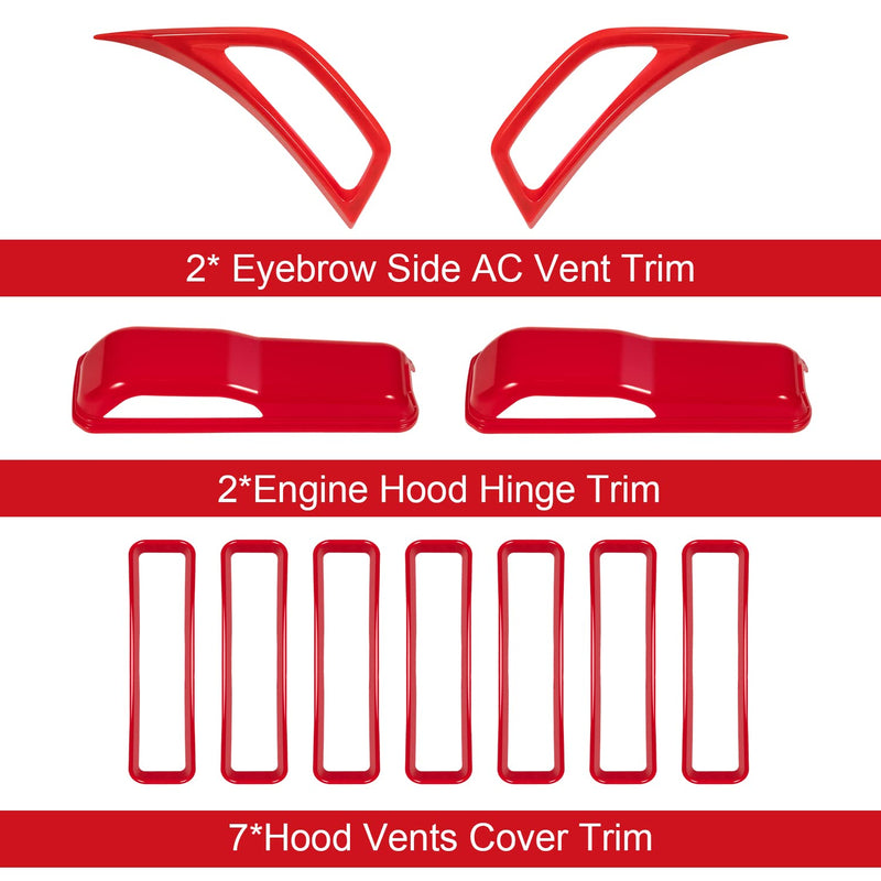 Bonbo Hood Vents & Engine Hood Hinge & Side AC Vent Outlet Trim Exterior Accessories fit for Jeep Wrangler JL JLU Sports Sahara Freedom Rubicon Unlimited Gladiator JT 2018-2023 11PCS (Red) Red