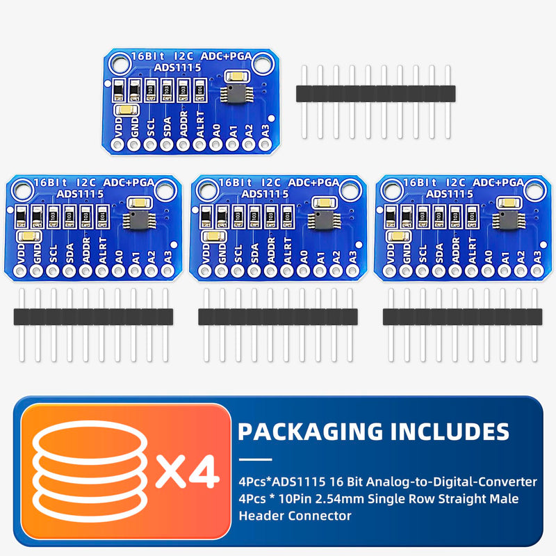 4PCS ADS1115 16 Bit 16 Byte 4 Channel I2C IIC Analog-to-Digital ADC PGA Converter with Programmable Gain Amplifier High Precision ADC Converter Development Board