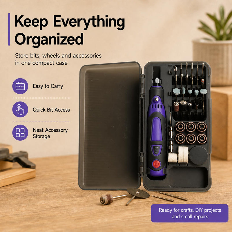 Cordless Rotary Tool Kit, 3.6V Mini Rotary Tool with 82 Accessories, 3 Variable Speed Rechargeable Engraving Pen & Electric Grinder for Wood, Glass, Metal Drilling, Sanding, Polishing Purple (Indicator Light)