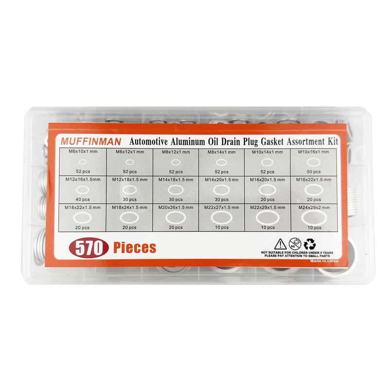 570 Pieces 18 Sizes Oil Drain Plug Gaskets Assortment Kit,Oil Crush Washers, Aluminum Crush Washers Assortment Kit,M6 M8 M10 M12 M14 M16 M18 M20 M22 M24 570