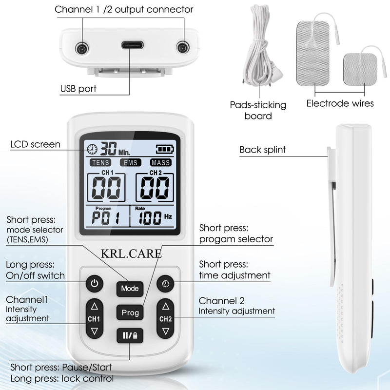 3-in-1 TENS Unit Muscle Stimulator, EMS Massage Machine with 40 Intensities for Gradual Shoulder, Sciatica, Back Pain Relief, Muscle Recovery, 28 Modes Portable Dual Channel with 8 Electrodes Pads