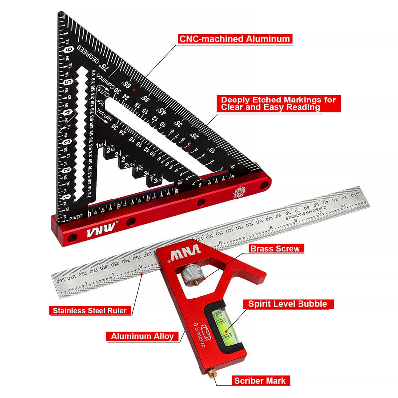 VNW 7inch Rafter Square and 12inch Combination Square Set -CNC-Machined Aluminum Alloy,Heavy Duty Carpenter Square for Woodworking and Home DIY