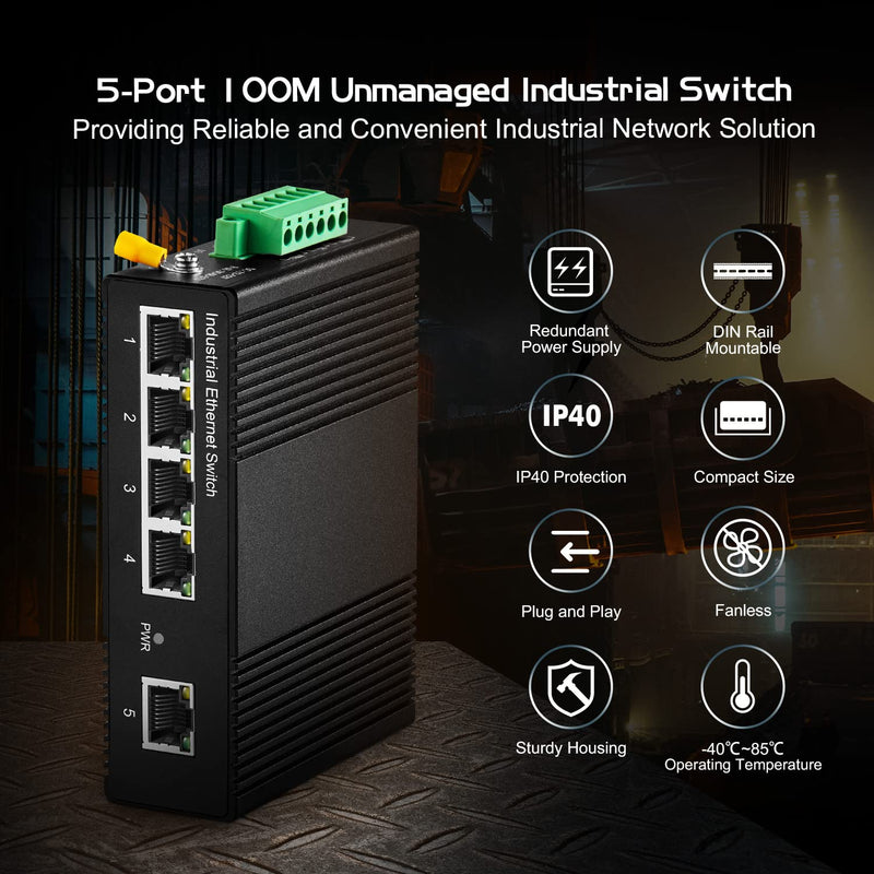 5 Port Industrial Ethernet Switch, 4 Ports and 1 Uplink 10/100Mbps, Fanless Din Rail and Wall Mount, IP40 Aluminum Alloy -40~75°C(-40~185°F), with One Power Supply 5 Port 100Mbps
