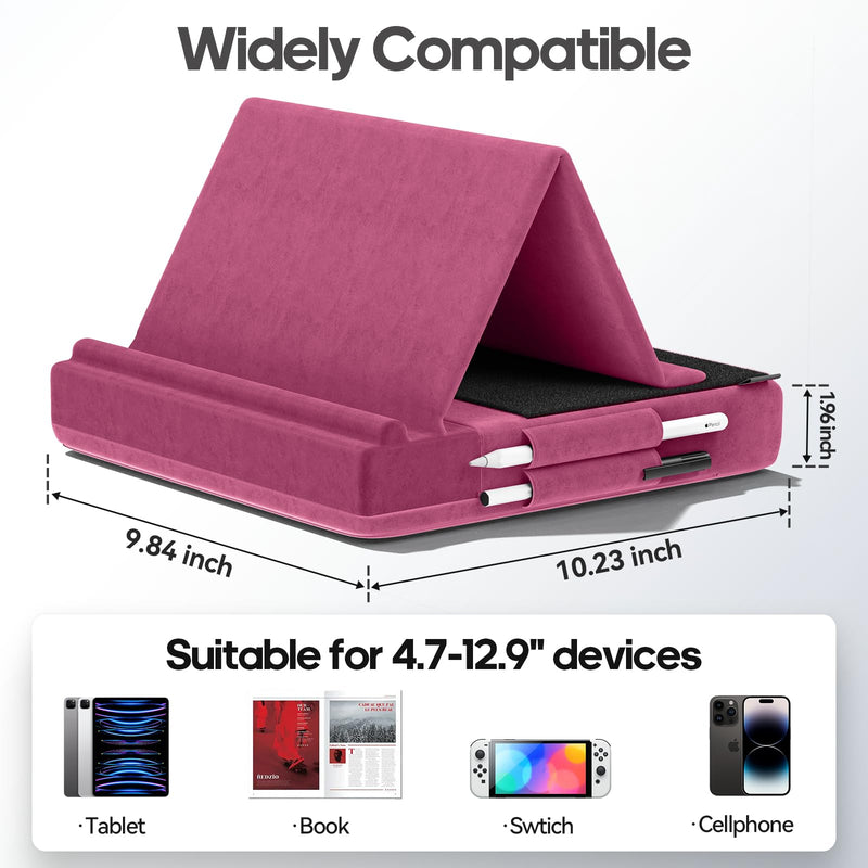 KDD Tablet Pillow Stand, Multi-Angle Viewing I-pad Holder for Lap, Bed and Desk, Foldable Soft Pad Dock with Stylus Mount Compatible with I-pad Pro 12.9, 10.5, 11, Air, Mini, Phones, Books, E-Reader Purple