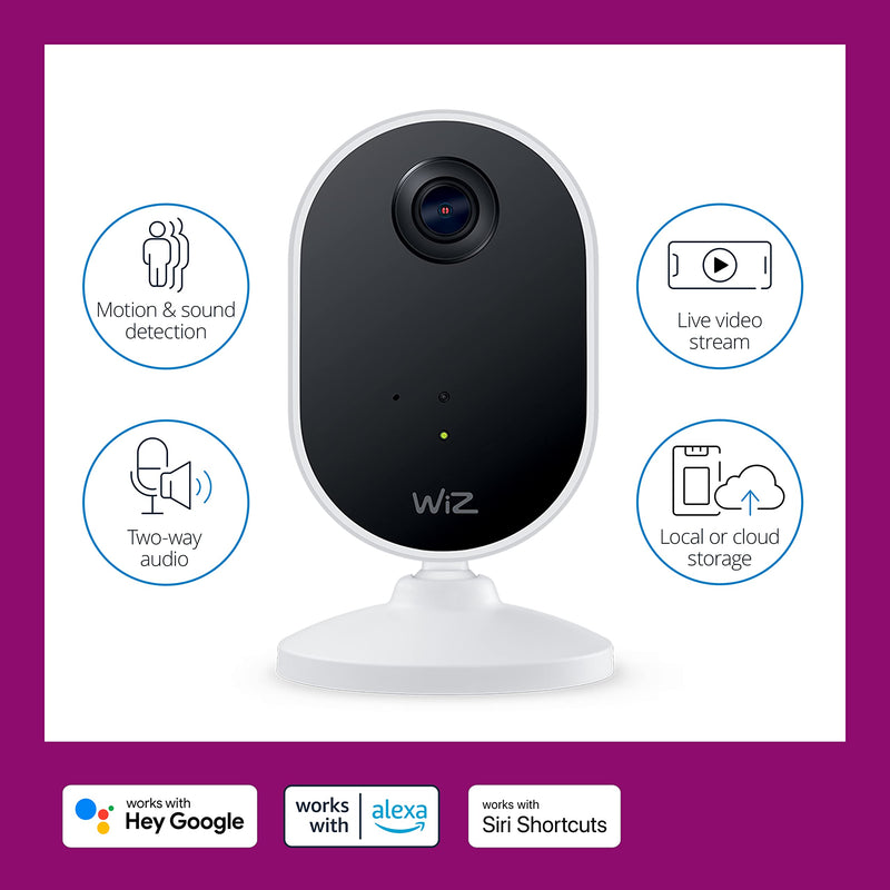 Bundle of WiZ Indoor Security Camera, 1080p HD Video with Motion Detection and Full-Duplex Audio and WiZ Connected 2-Pack Color 60W A19 Smart WiFi Light Bulb, No Hub Required