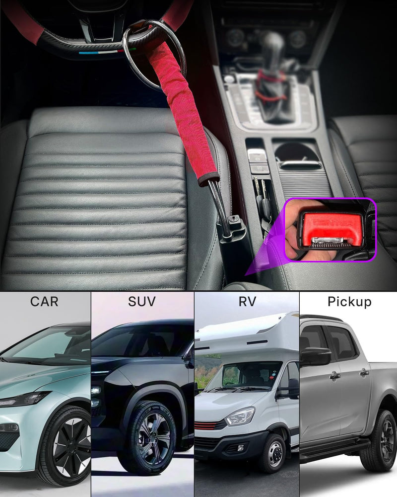 Car Steering Wheel Lock Seat Belt Lock Anti Theft Device Universal | 17" with 3 Keys for Auto Security Suitable for Most Vehicle,SUV,Golf Cart,Van,Truck Red