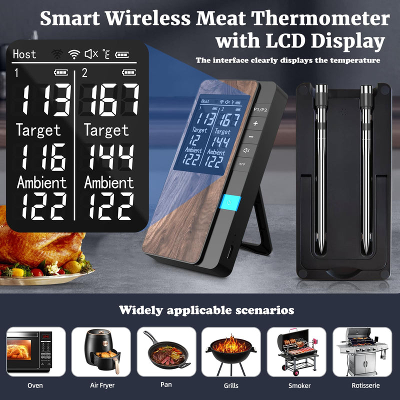 Wireless Meat Thermometer-Multi Sensors Digital Food Thermometer with Ultra-Thin Probes, Accuracy Smart Bluetooth Meat Thermometer for Steak, BBQ, Oven, Grill, Smoker,Recipes in App & Host 2 Probes - Wireless Monitoring (Ultra-Thin)