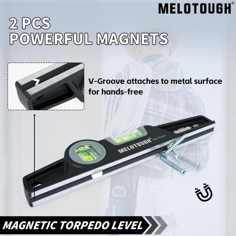 MELOTOUGH 10 Inch Die-Cast Magnetic Torpedo Level,Magnetic Level for Carpenter,Construction,Scaffolding, Plumbing,Torpedo Level with Rare Earth Magnet,Pencil and Holster,Black Black-1PCS