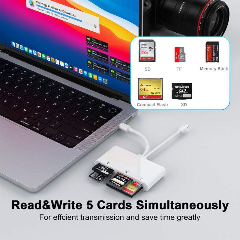 USB C Lightning Multi Card Reader for SD CF XD MS Micro SD TF, 5 in 1 Multi Memory Card Reader Adapter Hub for iPhone/iPad/MacBook/Samsung, for Windows, Mac OS, iOS, Linux, Android USB C+Lightning