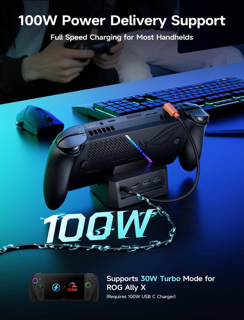 JSAUX 4-in-1 Docking Station for ROG Xbox Ally X/Steam Deck/LegionGo-HB0503 | 4K@60Hz HDMI, Raised-Base Stand, 100W PD Fast Charging, 2 USB 2.0 Ports, Widely Compatible with SteamOS & Windows Handhelds