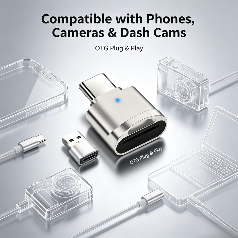 1 Pack USB C MicroSD Card Reader, USB A OTG Camera to Phone Adapter, Silver | Compact 0.91 in Body, Status Light, Reversible Plug, Removable Converter, Direct Insert Format for Compatible Mobile Devices