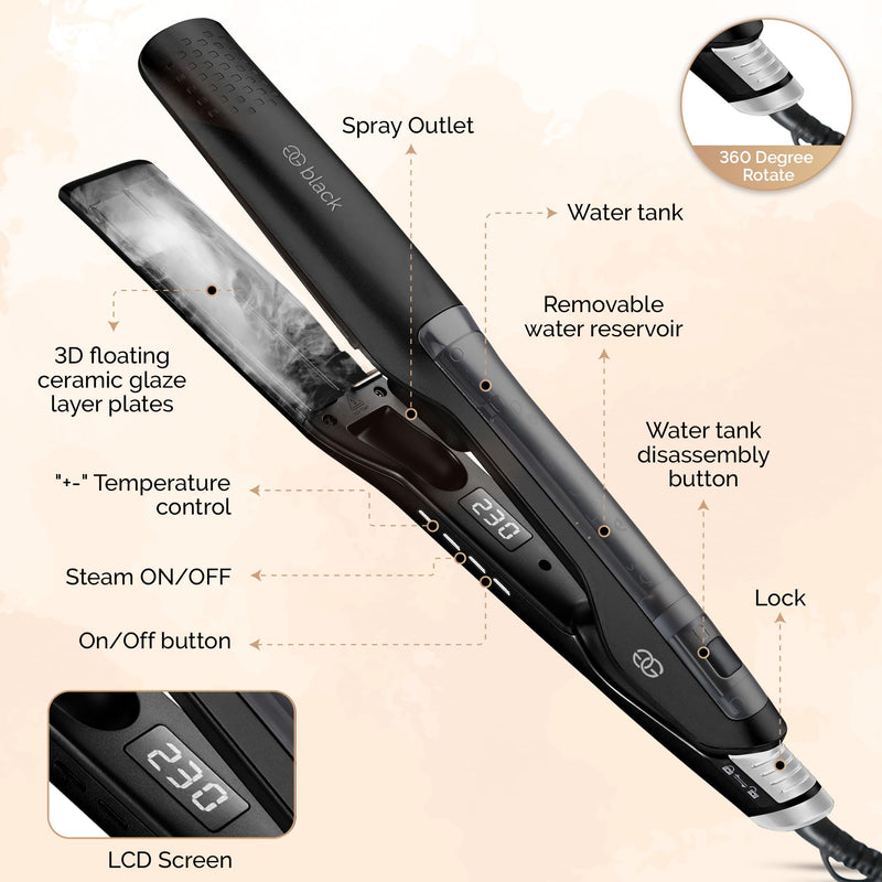 Golden Goods Professional Steam Hair Straightener, Flat Iron, LCD Display, Quick Heat-up, Black Edition