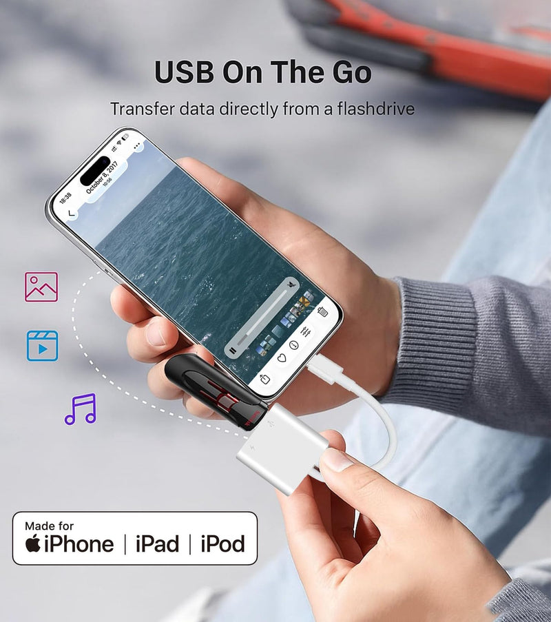 Apple Lightning to USB Camera Adapter, USB 3.0 OTG Cable for iPhone/iPad to Connect Card Reader, USB Flash Drive, U Disk, Keyboard, Mouse, Hubs, MIDI, Plug & Play (White#) White#