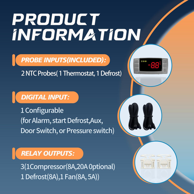 XR03CX-4N0F1 Temperature Controller with Sensor Probe, 120V Digital Thermostat Controller Compatible with Dixell Programmable Refrigerators/Freezers, Single NTC Probe + Alarm Relay XR03CX-4N0F1