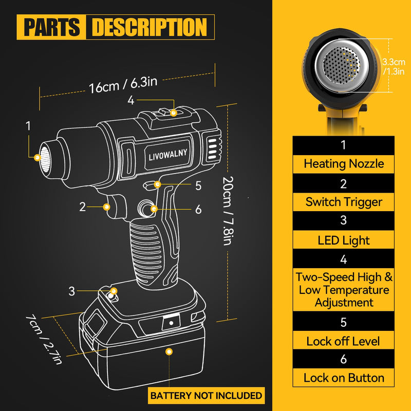 LIVOWALNY Cordless Heat Gun Compatible with Dewalt 20v Battery (Tool Only), 350W Fast Heating Soldering Hot Air Gun 122℉-1022℉ Variable Temperature Control with 5 Nozzles for DIY Craft, Shrink Tubing HeatPro Core Yellow -De