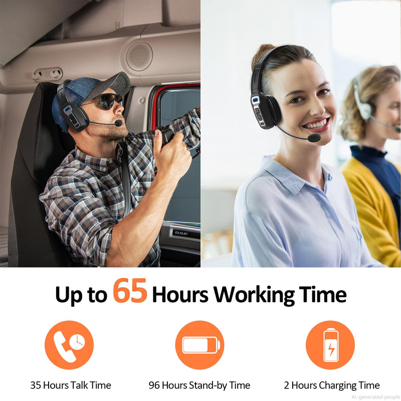 LEVN Bluetooth Headset with Microphone, Trucker Bluetooth Headset with AI Noise Cancelling & Mute Button, Wireless On-Ear Headphones 60 Hrs Working Time, for Trucker Home Office Remote Work Zoom Black