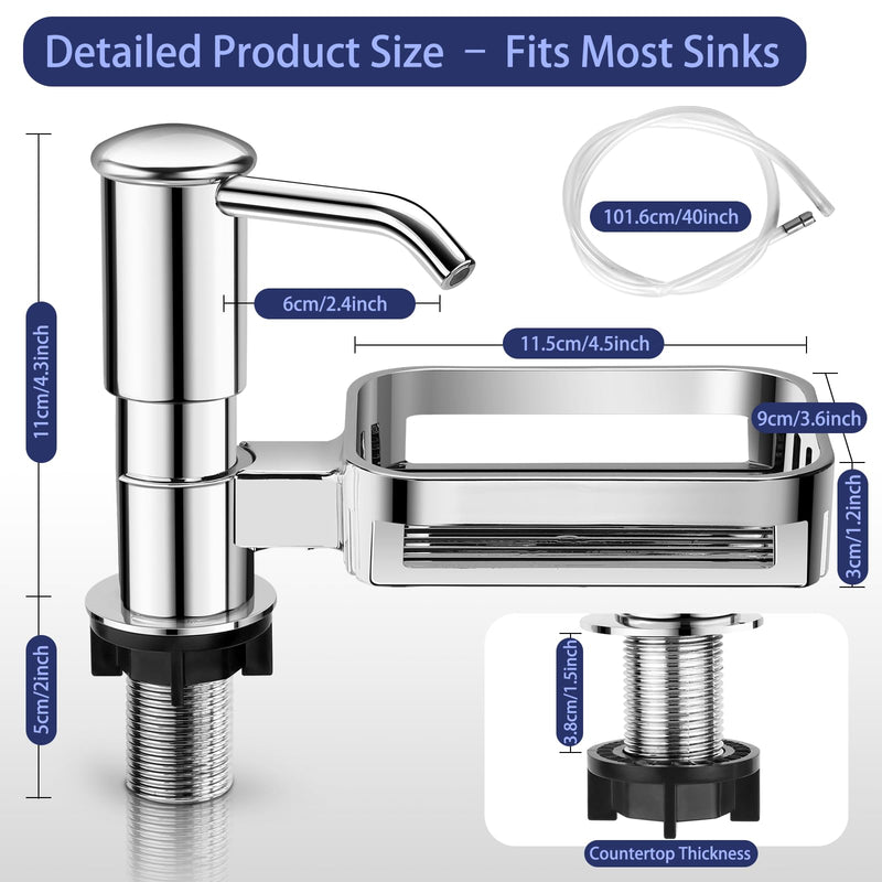 Kitchen Sink Soap Dispenser with 40" Extension Tube – Built-in Sponge Holder, Leak-Proof ABS Pump, No Messy Refills, Under-Sink Bottle Connection Kit for Dish Soap, Hand Soap & Lotion (Brushed Nickel)