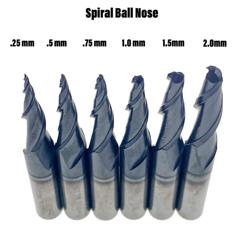 Foos - Tapered Angle Ball Tip Set - 1/4 Shank -Solid Carbide - TiAIN Coated Router Bits (6 Piece Set 2.0mm - .25mm) 6 Piece Set 2.0mm - .25mm