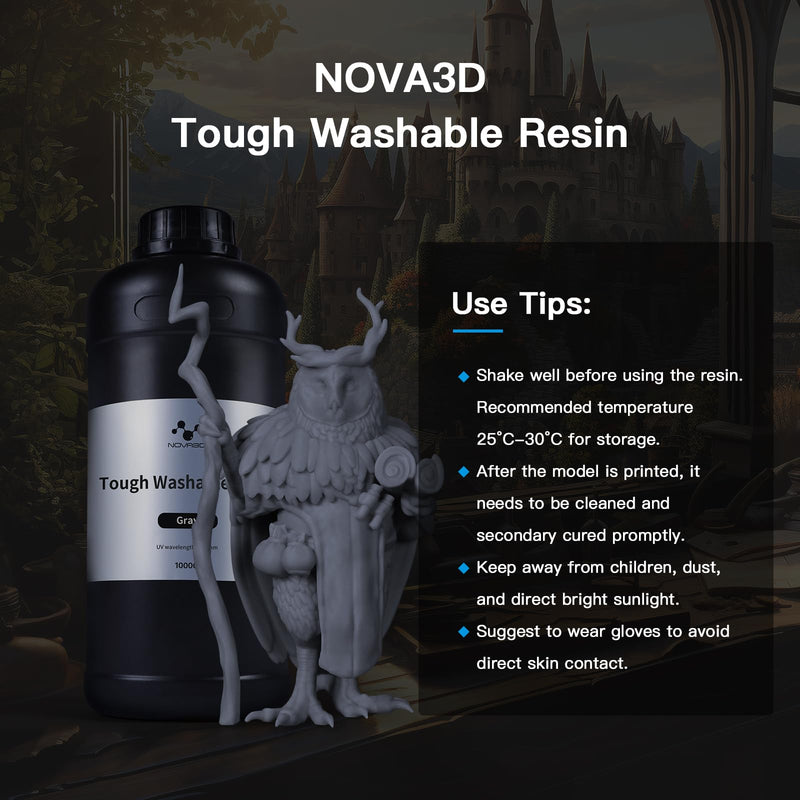 NOVA3D Water Washable ABS-Like Tough Resin, High Toughness 3D Printing Photopolymer Resin, 405nm UV Fast Cure for 12K/14K/LCD/DLP/SLA Printers, Low Odor (Grey, 1kg) Grey1kg 1000g