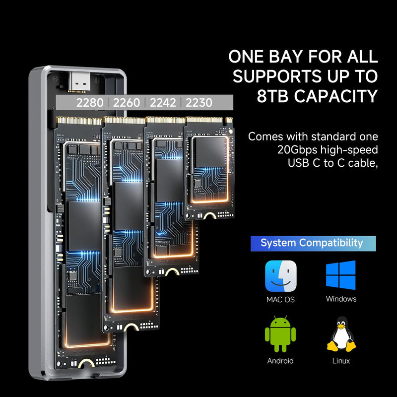 Thermalright HR-EB123 20G C Grey M.2 External Enclosure-NVMe Protocol | Aluminum Alloy housing, 20Gbps C-to-C Cable, 8TB Portable SSD Storage, Compatible with Android,Windows, and Mac Systems EB123 20G C Grey