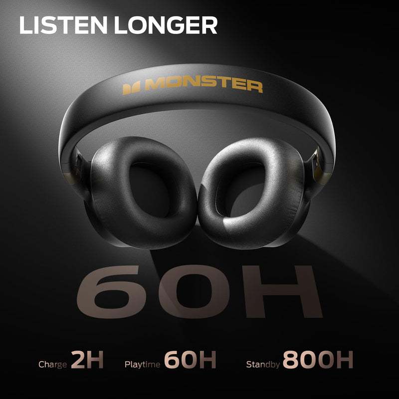 Monster Active Noise Cancelling Headphones, Wireless Over-Ear Bluetooth, 40H Long ANC Playtime, HiFi Audio, Big Bass, Deep Bass, Built-in Mic, Memory Foam Ear Cups for Home Black