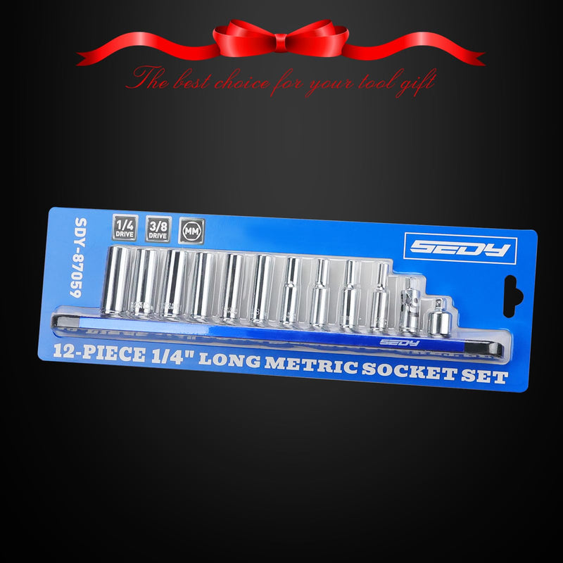 12-Piece 1/4" Drive Metric Long Socket Set 4-13mm with 1 Piece Magnetic Organizer Rail Rack, Premium 6-Point Deep Socket Assortment with 3/8" to 1/4" Adapter and 1/4" Universal Joint (Blue) 1/4-Deep-Metric