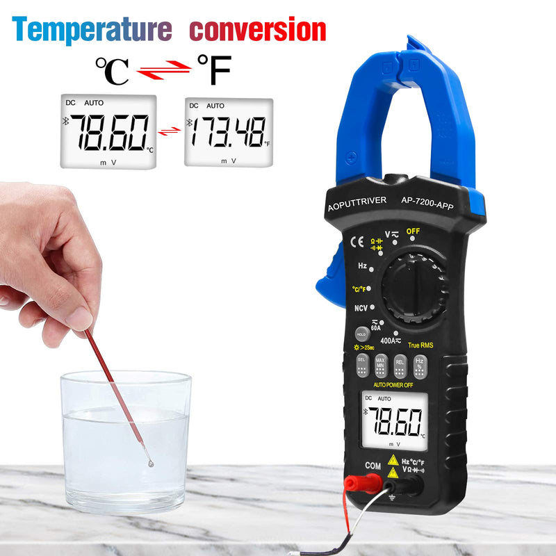 Digital Clamp Meter Bluetooth Clamp Multimeter ac dc amp Meter AP-7200APP Auto-ranging 6000 Counts Amp Meter Voltage Tester Measures Amperage, Volt, Capacitance, Continuity, Ohm Clamp-on Ammeter